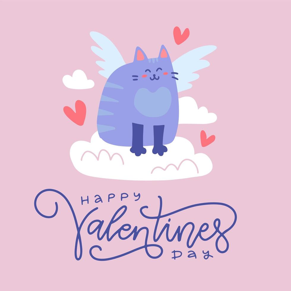 Valentijnsdag wenskaart of banner. cupid blauwe gevleugelde kat zittend op de wolk met harten. platte vectorillustratie met belettering tekst. vector