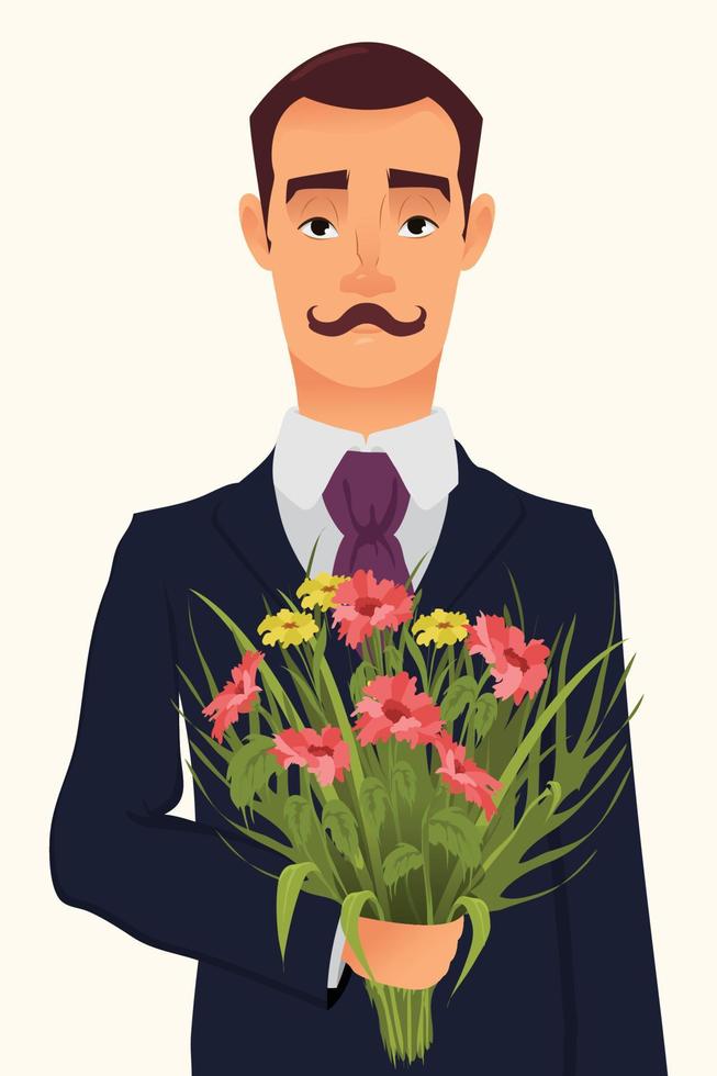 knappe heer in pak met snor die een boeket met wilde bloemen vasthoudt, op een date met zijn geliefde. vector