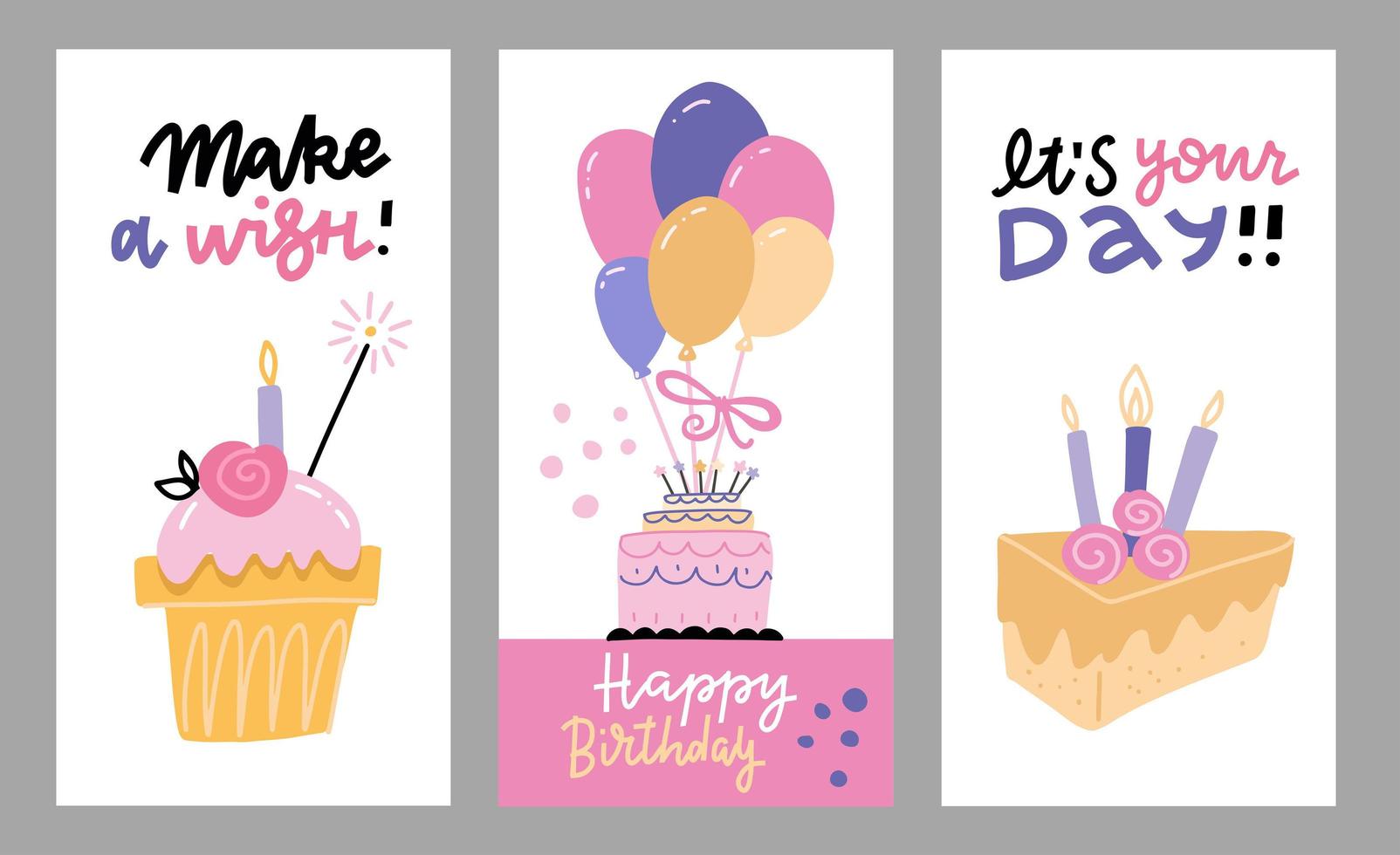 set handgetekende platte doodle illustraties voor verjaardagskaarten, uitnodigingen voor een feest, verjaardag website banners, feestmateriaal. verzameling ansichtkaarten met taarten, kaarsen en belettering vector