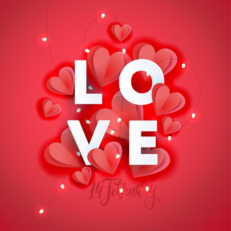 Valentijnsdag wenskaartsjabloon. poster, kaart, label, achtergrond, banner met grote papieren letters liefde met slinger, rood papier gesneden harten. speciale seizoensaanbieding vectorillustratie in rode kleur vector