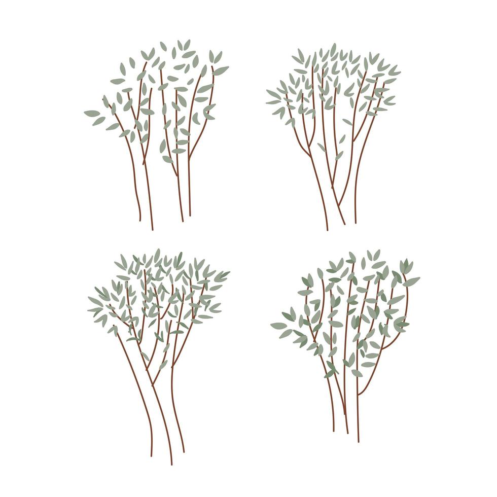 hand getekende jonge bomen set. groene planten, takken en struiken zomerhoutcollectie in gezellige hygge-stijl. platte vectorillustratie geïsoleerd op een witte achtergrond vector