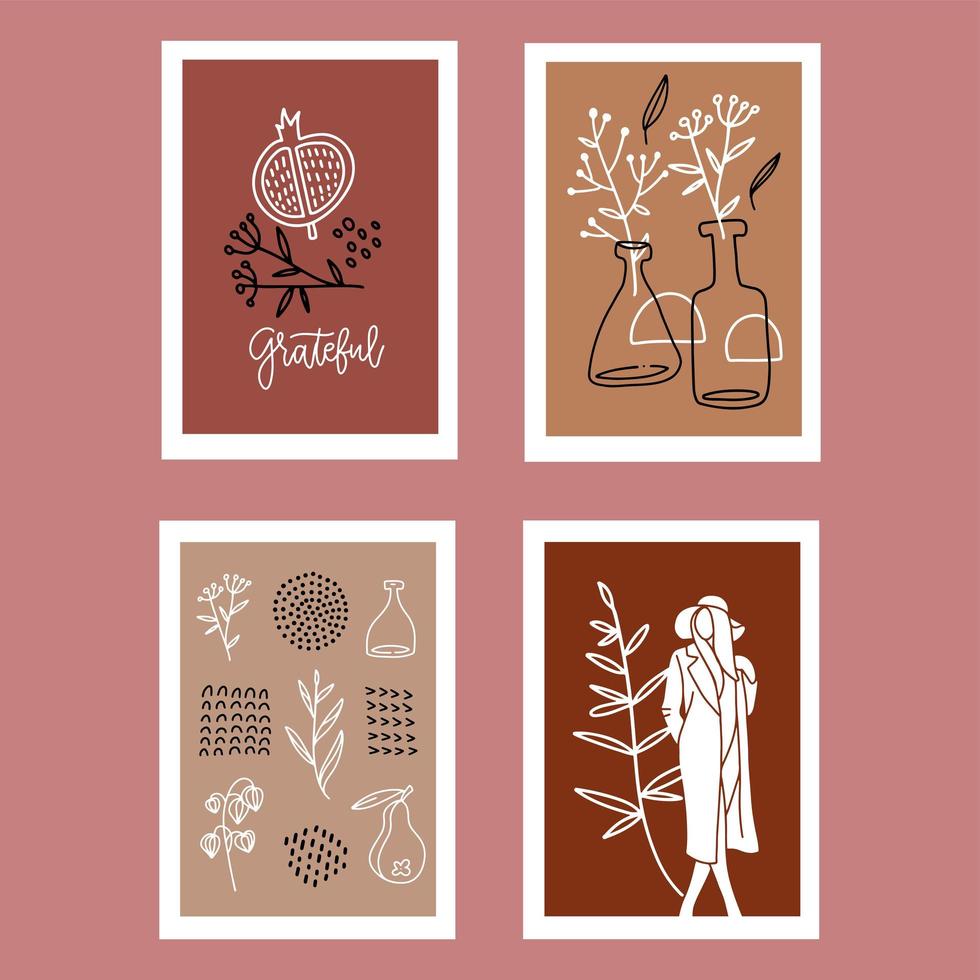 set van minimalistische posters met abstracte organische vormen samenstelling - bladeren takken, vrouw, stippen in trendy eigentijdse collagestijl, kan worden gebruikt voor kunst aan de muur decoratie, briefkaart, omslagontwerp. vector