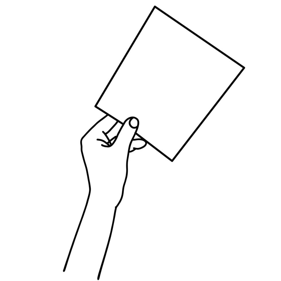 een hand met een leeg vel papier. lineaire hand getekende illustratie. vector