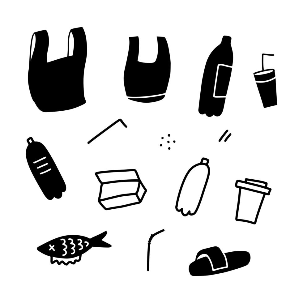 plastic afval zee oceaan rivier watervervuiling probleem icon set. tas, beker, fles en stro eenvoudige vectorillustratie. vector