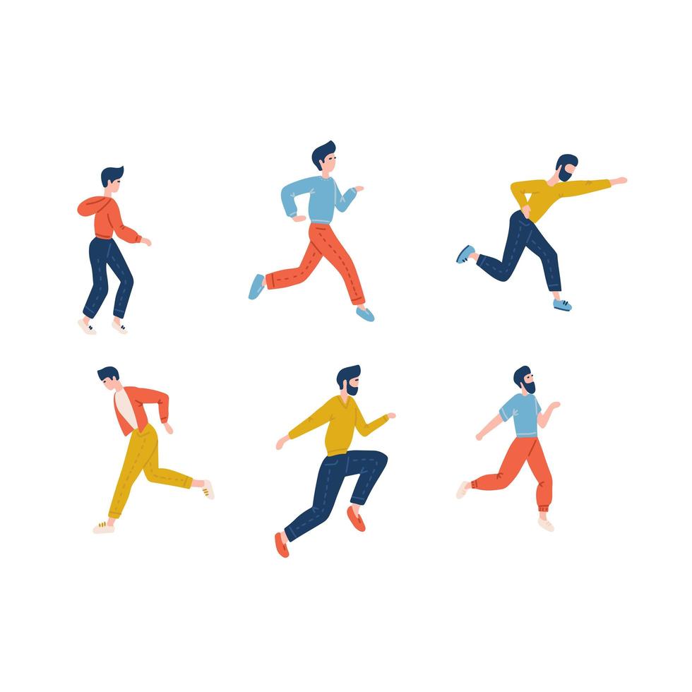 set van lopende mannen in casual kleding. jonge mannelijke joggen. jonge mannelijke karakter uitgevoerd, sport lopen loper platte vectorillustratie. vector