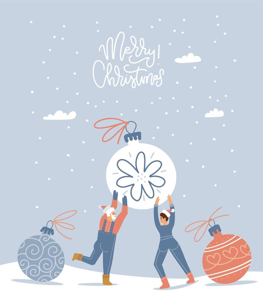 kleine gelukkige man en vrouw karakters voorbereiden op kerstmis. kleine mensen die een enorme kerstboombal bij elkaar houden. winter besneeuwde wenskaart. vlakke stijl vectorillustratie met belettering tekst. vector