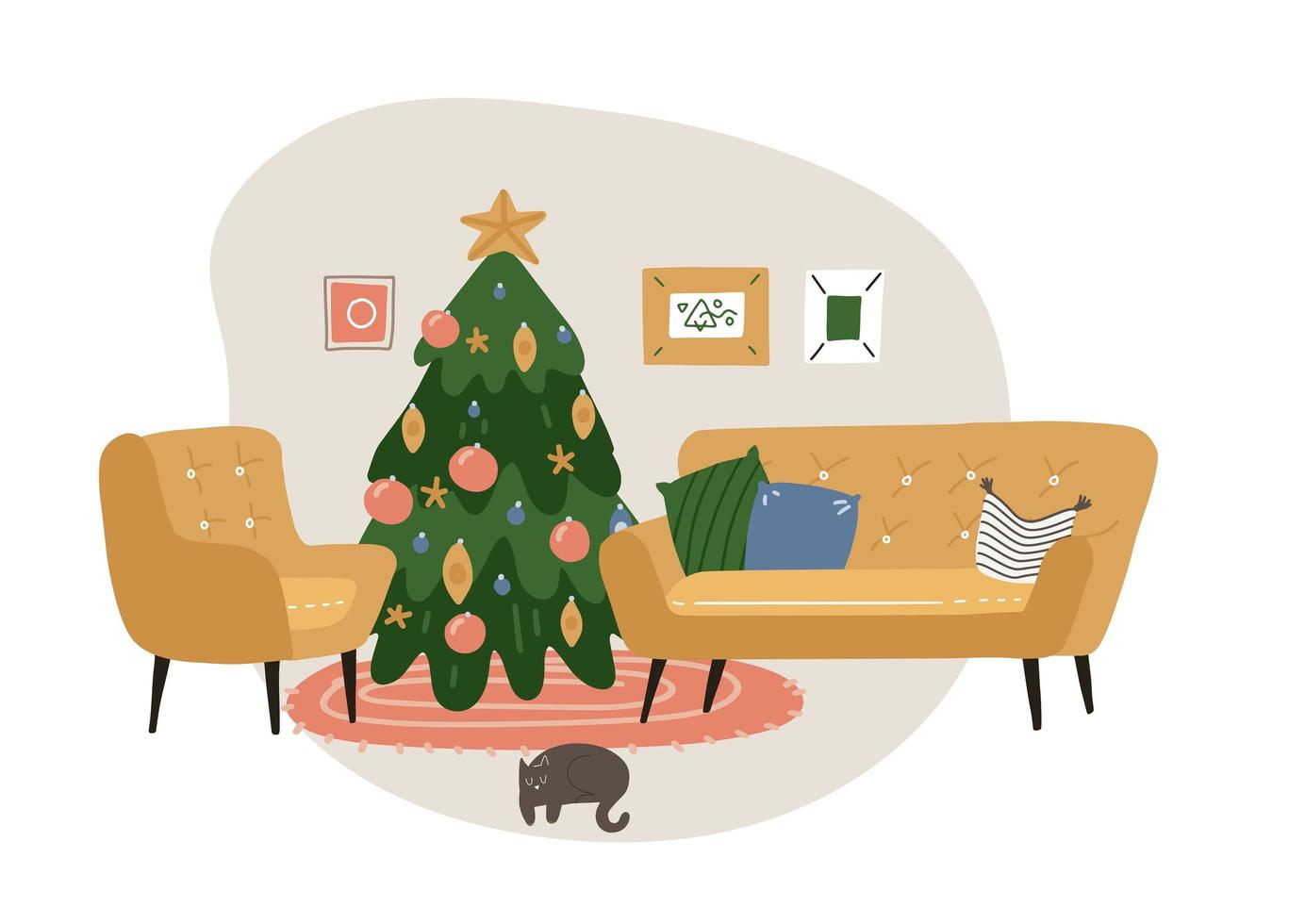 feestelijk interieur met huisdecoratie - kerstboom, kat, fauteuil, bank en tapijt. gezellige wintervakantie seizoen. schattige platte vectorillustratie geïsoleerd op wit. vector