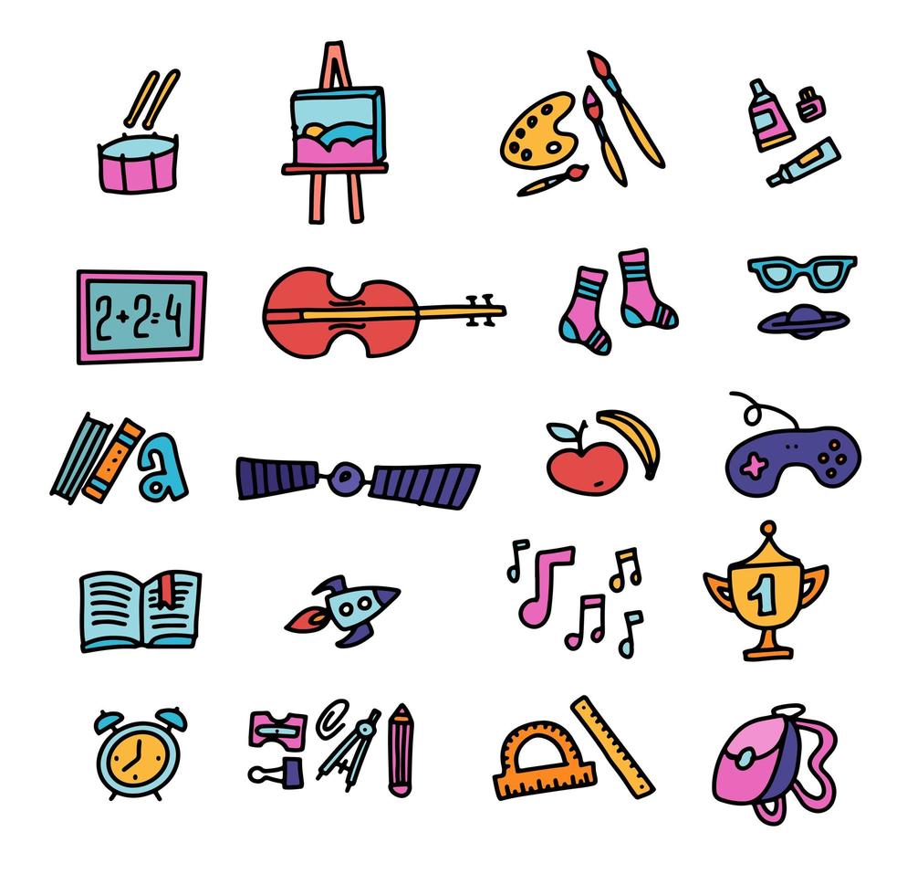 hand getrokken onderwijs iconen vector op witte achtergrond. school pictogrammen. terug naar school. hand getrokken doodle kleur icon set. schetsmatige omtrek set school objecten en symbolen. uit de vrije hand tekenen school items