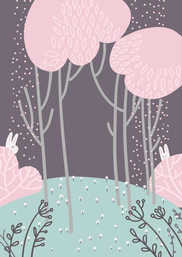 kinderachtig abstract boslandschap met roze bladerenkroon, de stammen van de bomen als achtergrond. schattige natuur achtergrond met konijnen. kleur vector illustratie geïsoleerde platte hand getrokken stijl