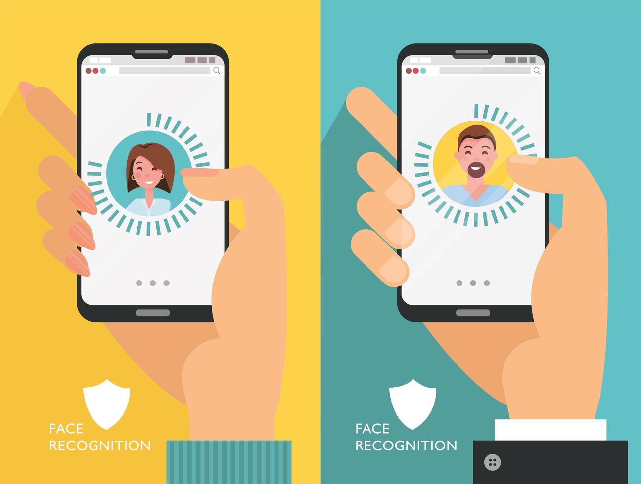 gezichts-ID. herkenningssysteem. biometrische identificatie. gezichtsscanner. set smartphones in mannelijke en vrouwelijke handen. gezichtsavatar op het telefoonscherm met man en vrouw. vectorillustratie, plat ontwerp vector