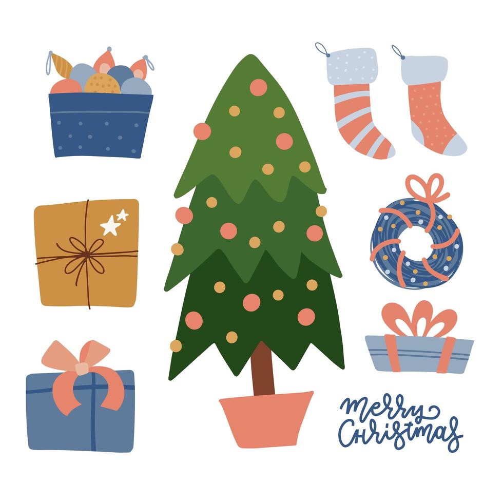 set kerstviering elementen - boom, geschenken, speelgoed, kousen, krans, decoraties. wintercollectie van gezellige huisvoorwerpen. handgetekende vakantieartikelen. platte vectorillustratie. vector