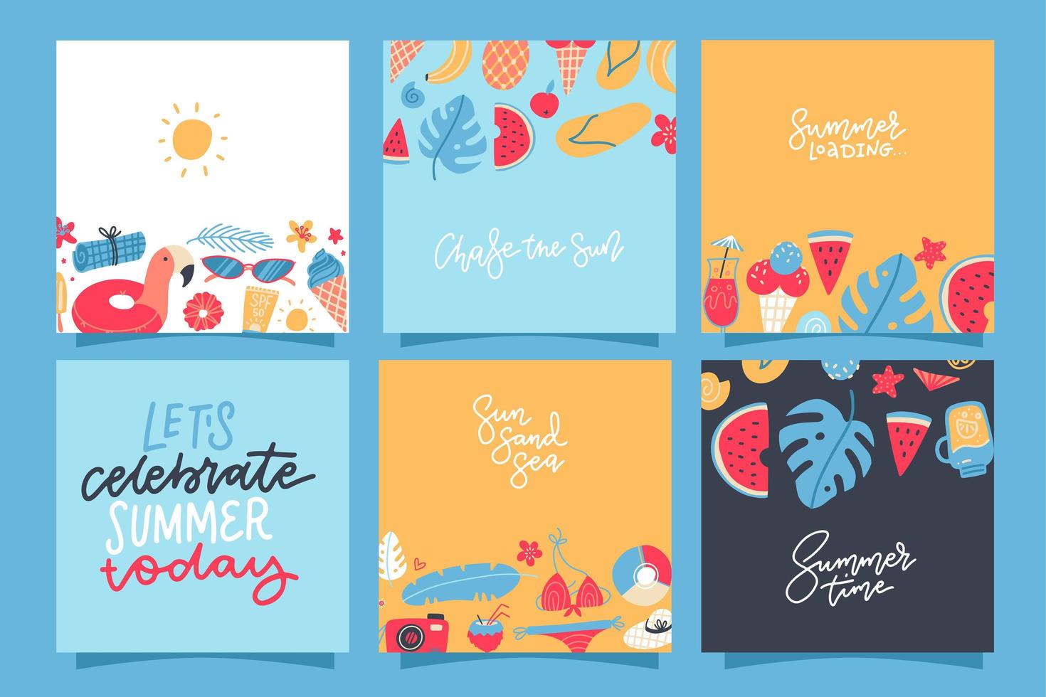 set creatieve zomer vierkante kaarten. plakkaat, poster, flyer met ananas, watermeloen, citroen, ijs, palmbladeren, cocktails en belettering citaten. vector platte hand getekende illustratie