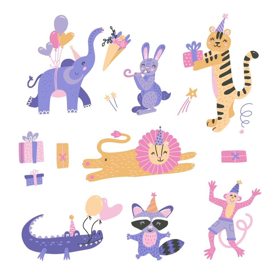 set van jungle-, dierentuin- of safaridieren met een verjaardagsfeestje. ontwerp voor een schattige uitnodigingssjabloon voor een kinderverjaardagsfeestje. vector collectie van platte hand getrokken doodle illustratie.