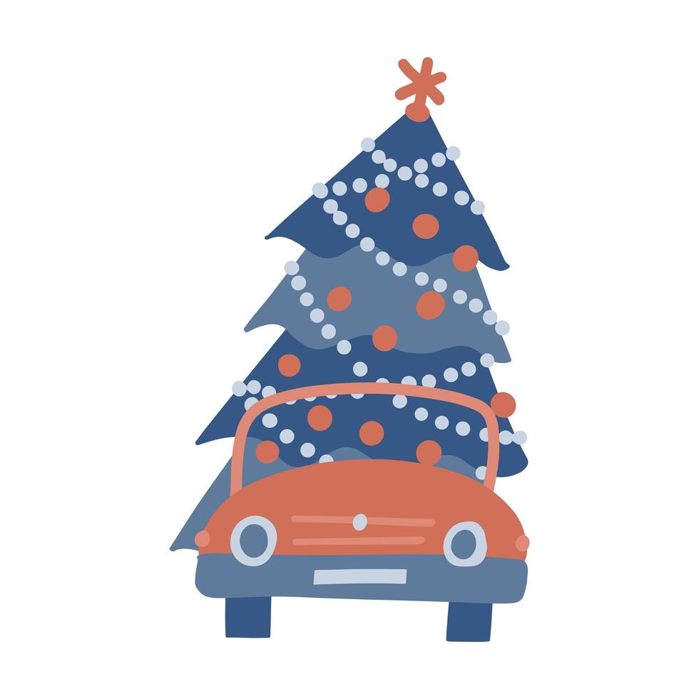 rode auto met kerstboom. vooraanzicht. geïsoleerd clipart-element. platte vectorillustratie. slechts 5 kleuren - gemakkelijk opnieuw te kleuren. vector