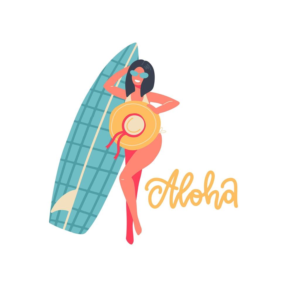 mooi meisje foto maken met hoed en surfplank. zomervakantie banner concept met belettering tekst - aloha. vrouw in zwembroek. vector platte hand getekende illustratie