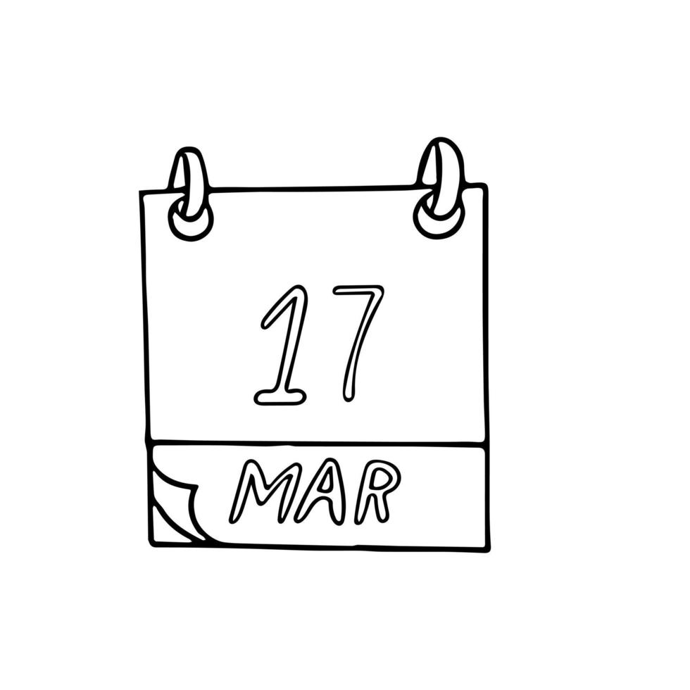 kalender hand getekend in doodle stijl. 17 maart werelddag van het maatschappelijk werk, st. patrici s, datum. pictogram, stickerelement vector