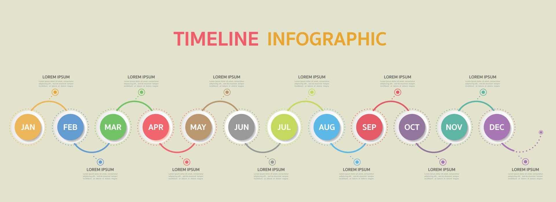 tijdlijn infographics ontwerp vector en marketing pictogrammen. bedrijfsconcept met 12 opties, stappen of processen .12 kleuren.