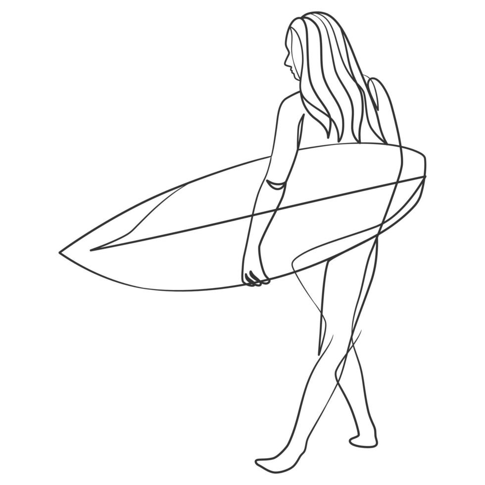 doorlopende lijntekening van een surfermeisje met een surfplank vector