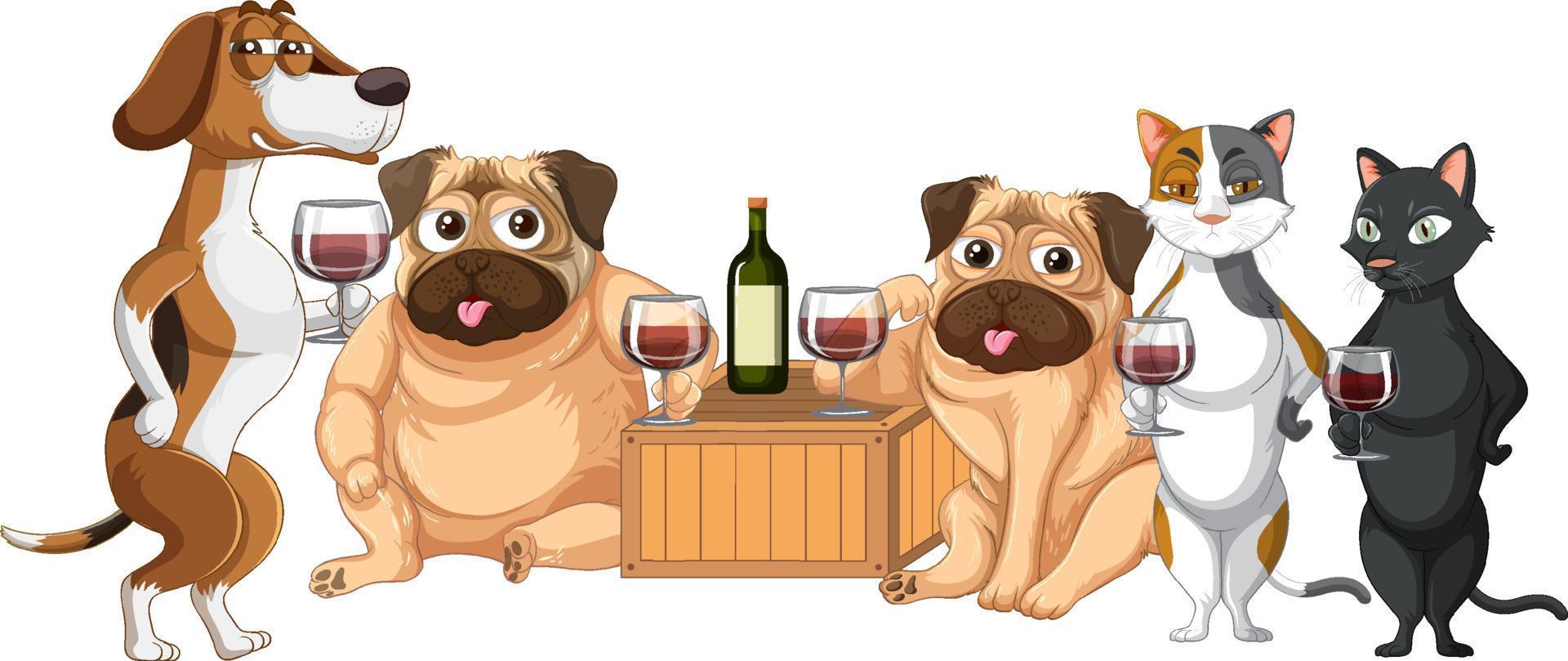 honden en katten die samen wijn drinken vector