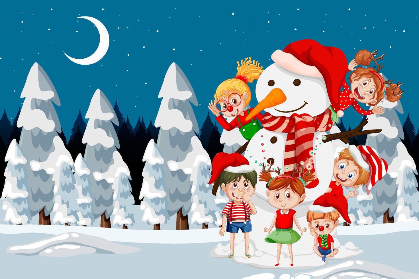 besneeuwde nachtscène met kerstsneeuwman met kinderen vector