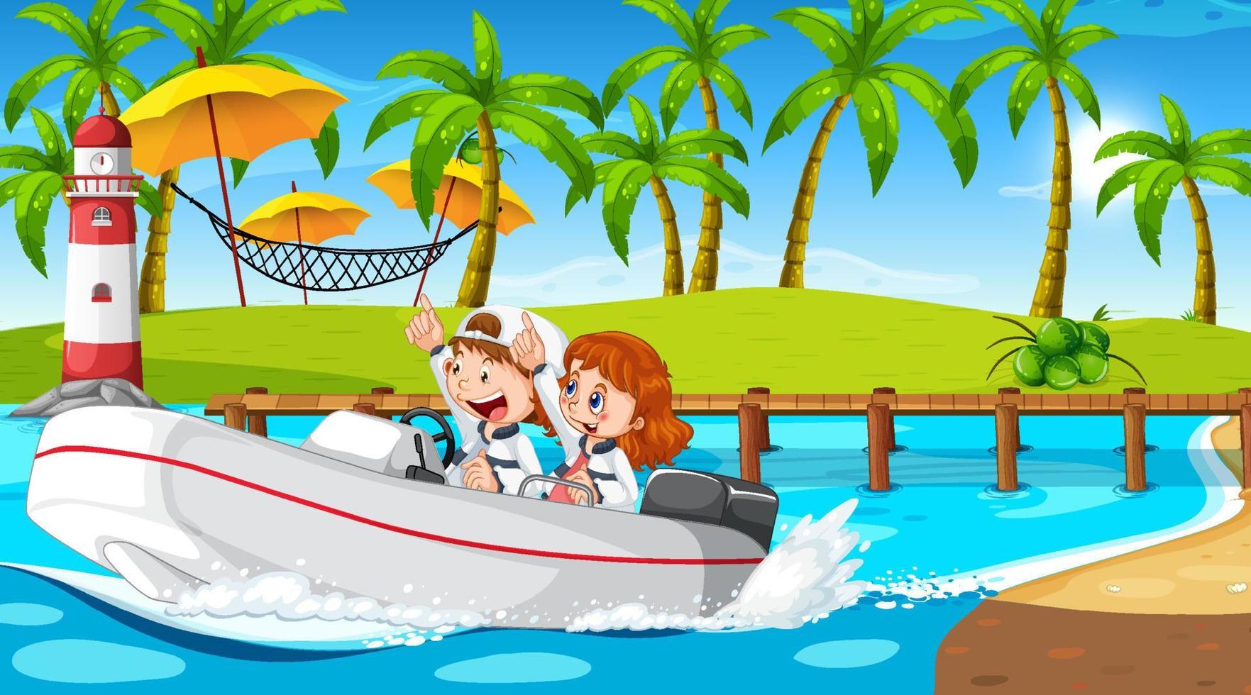 oceaanlandschap met kinderen die speedboot besturen vector
