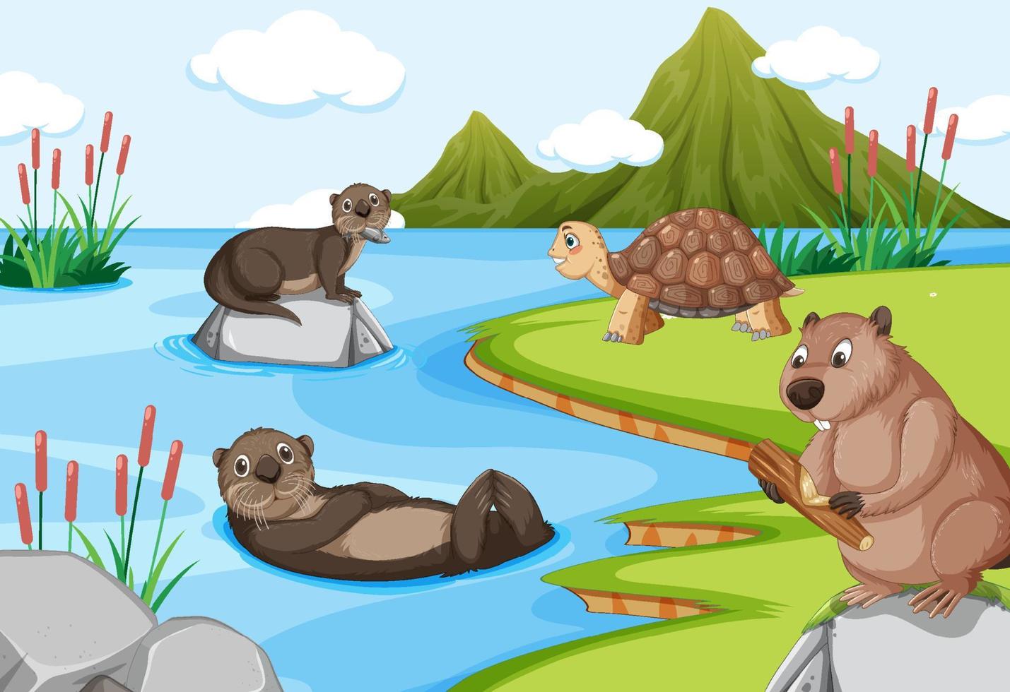 otters met een schildpad op de bosachtergrond vector