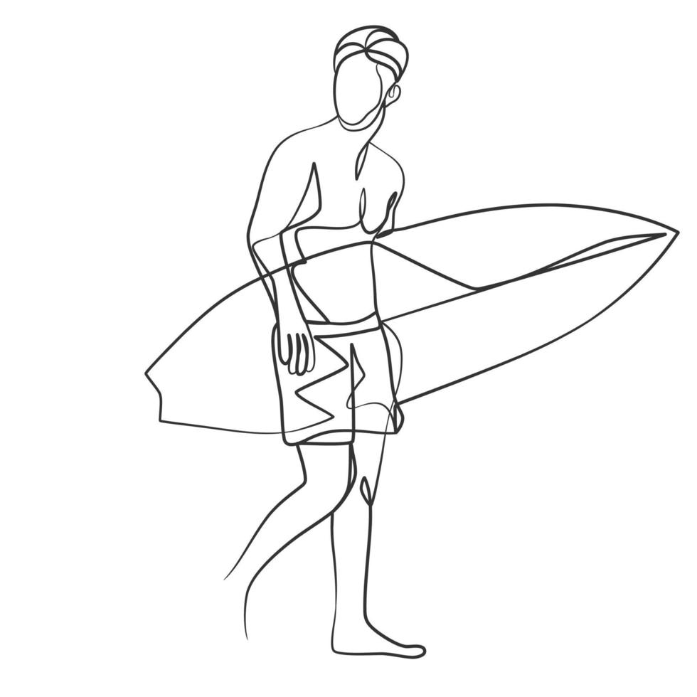 doorlopende lijntekening van een surfer met een surfplank vector