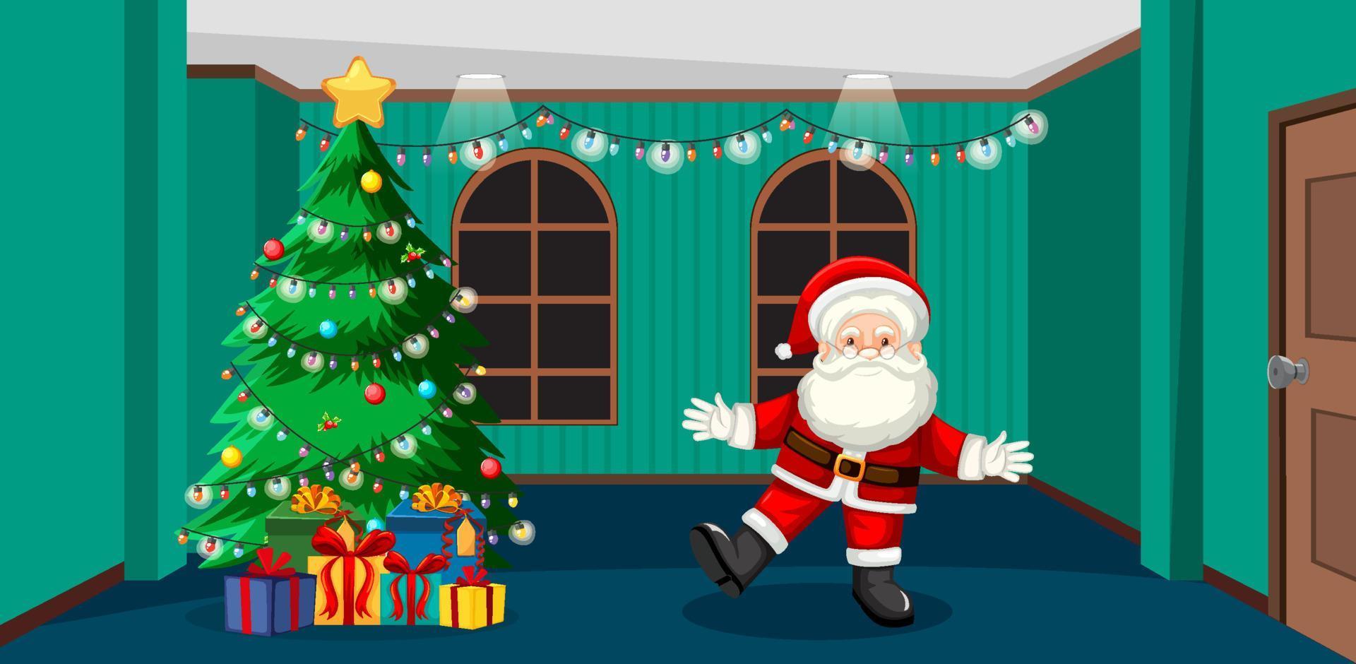 kerstman stripfiguur met versierde boom en geschenken vector
