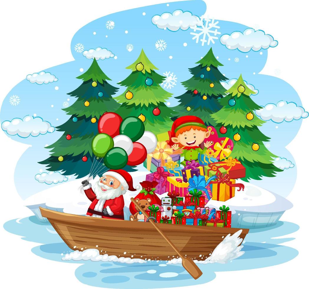 Kerstman en elf bezorgen cadeautjes per boot vector