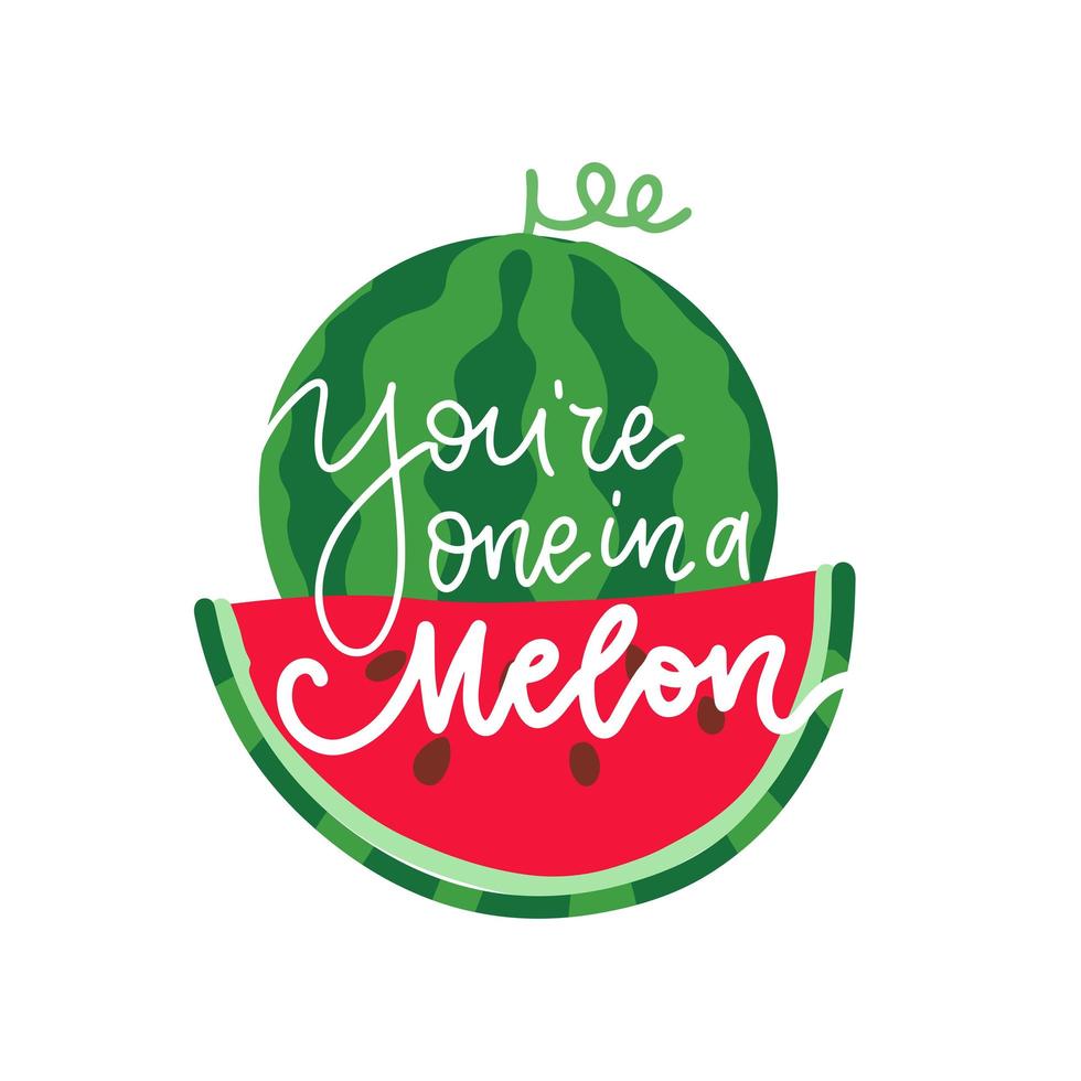 je bent een in een meloen zomer belettering wenskaart, print voor t-shirt. vector platte illustratie typografische achtergrond met roze en groene hand getekende watermeloen.