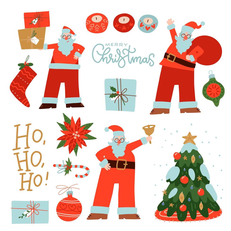 set stripfiguren van de kerstman met vakantie-elementen. gelukkige kerstman met cadeaustapel, tas, kerstboom, bel. collectie voor kerstkaarten, banners, etiketten. platte vectorillustratie vector