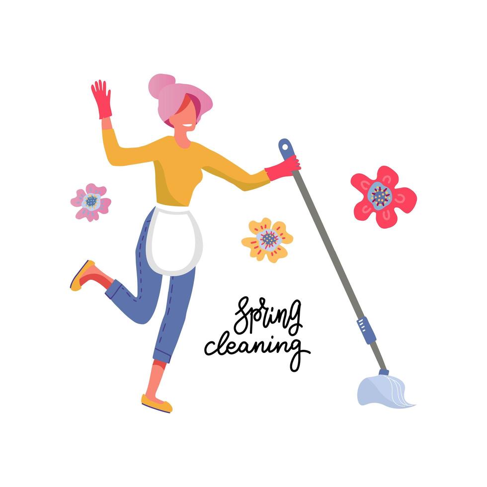 gelukkige jonge vrouw die met dweil schoonmaakt en danst. lente schoonmaak concept met bloemen op witte achtergrond. vector cartoon illustratie