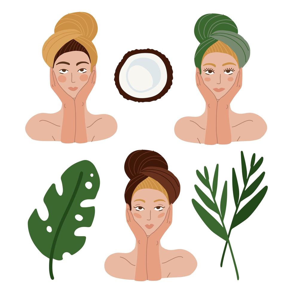 set van mooie vrouw gezichten voor huidverzorging, schoonheidsverzorging, make-up monster. vrouwen portret geïsoleerd op wit. vrouwelijke hoofden in handdoeken met groene tropische bladeren. vector