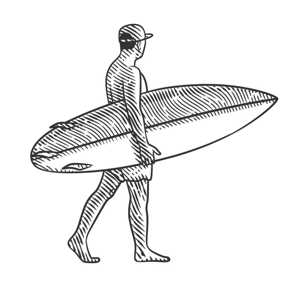 man met surfplank vectorillustratie in graveerstijl vector