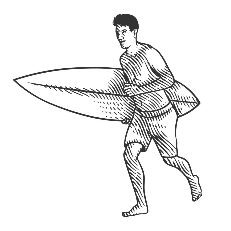 man met surfplank vectorillustratie in graveerstijl vector