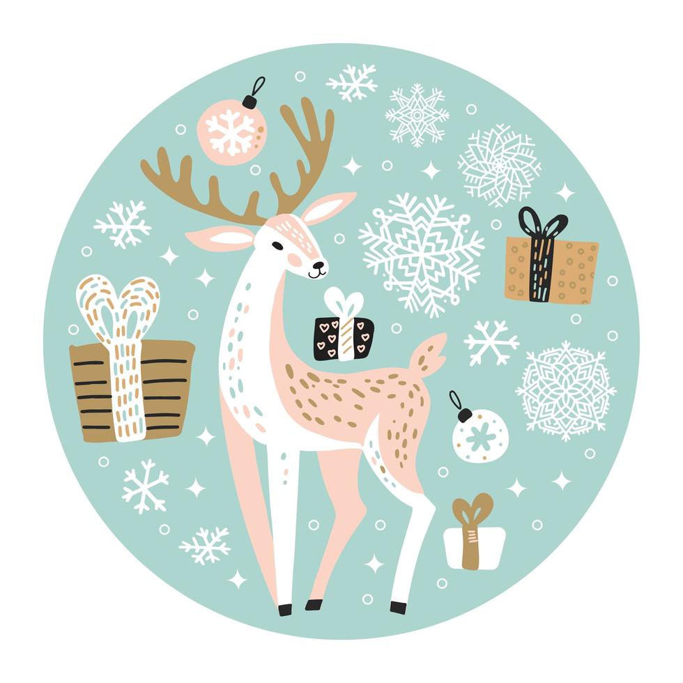 leuke merry christmas-wenskaart, uitnodiging met rendieren, kerstboomballen, sneeuwvlokken en geschenkdozen. hand getekende cirkel conceptontwerp. vector afbeelding achtergrond.