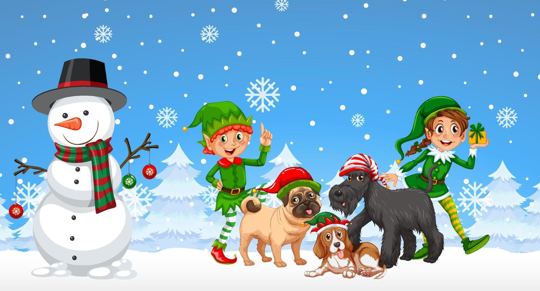 Kerstmissneeuwman en honden op besneeuwde blauwe achtergrond vector
