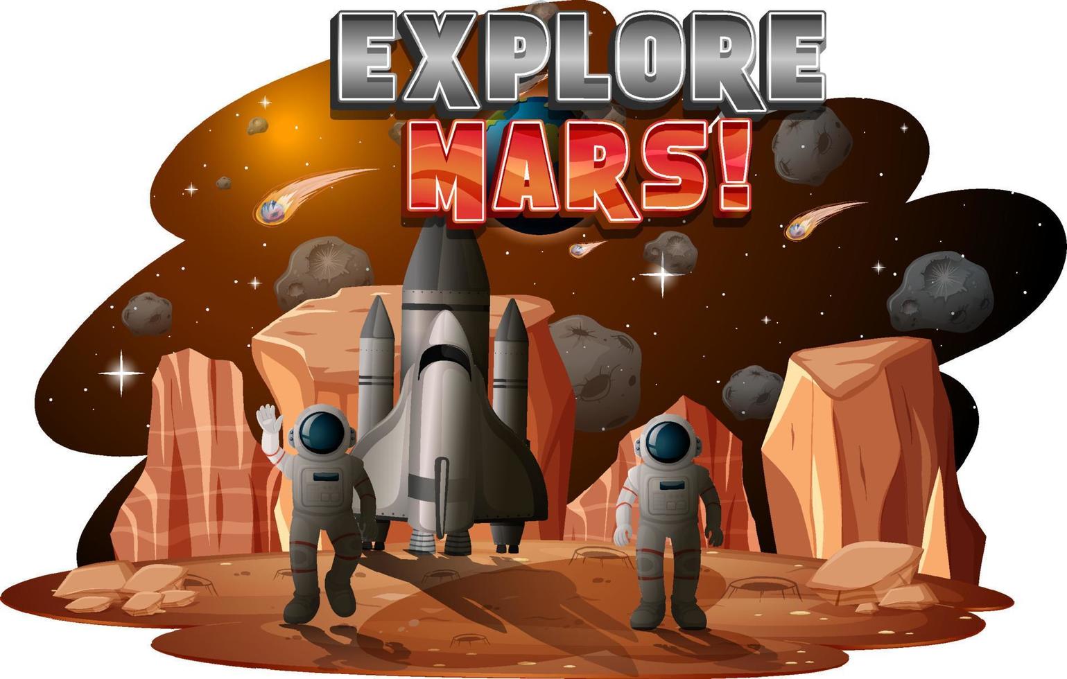 verken mars woord logo-ontwerp met astronaut op de planeet vector