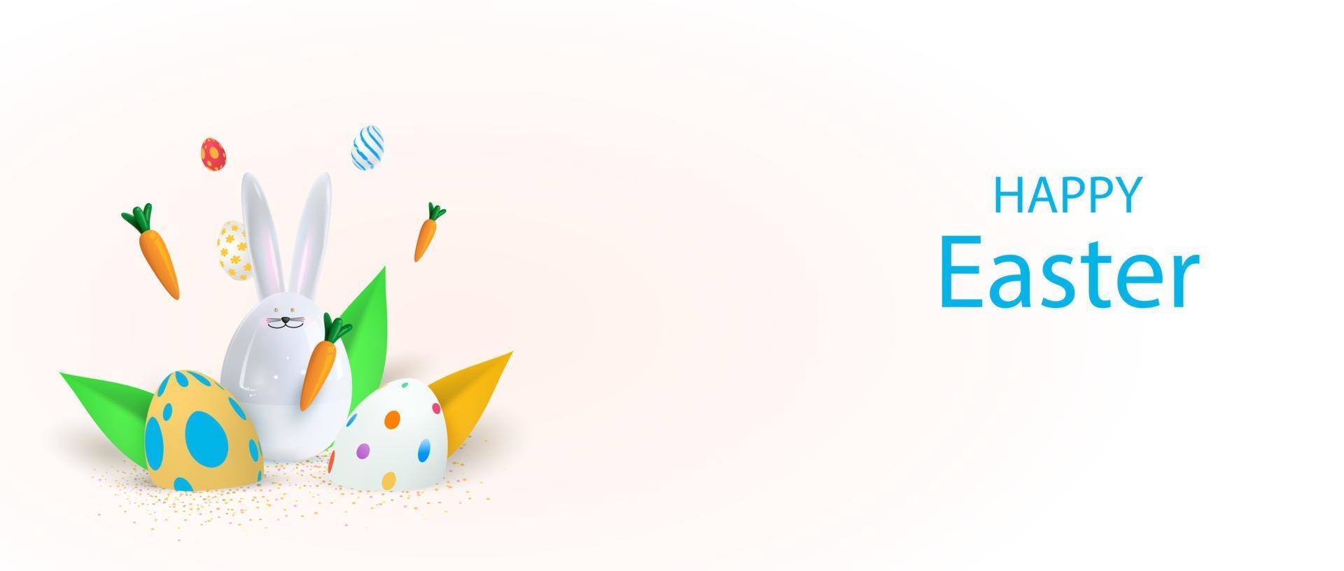gelukkige paasvakantie achtergrond. feestelijk ontwerp met realistisch 3D-konijntje en decoratieve elementen. lente bladeren en eieren. vliegende wortel. vector