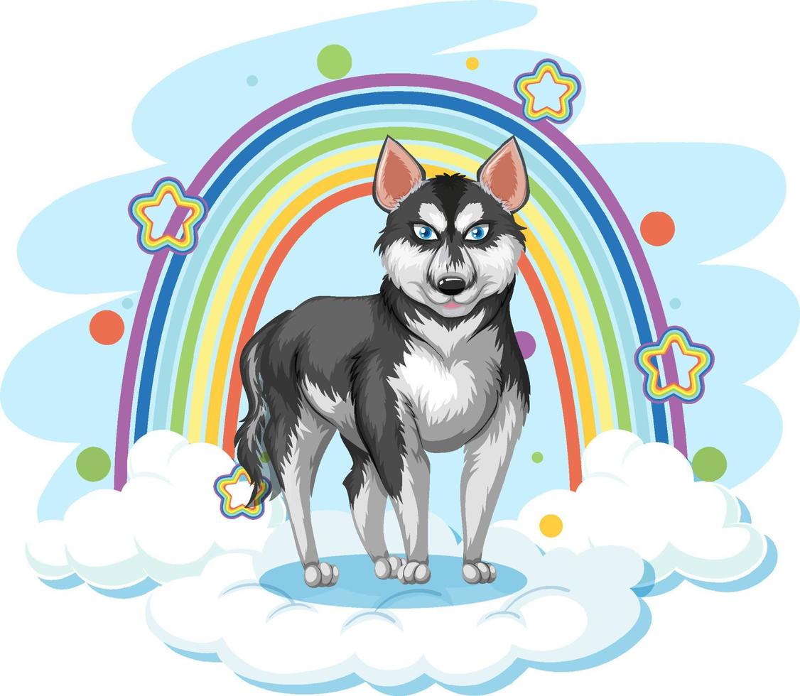 schattige hond op de wolk met regenboog vector