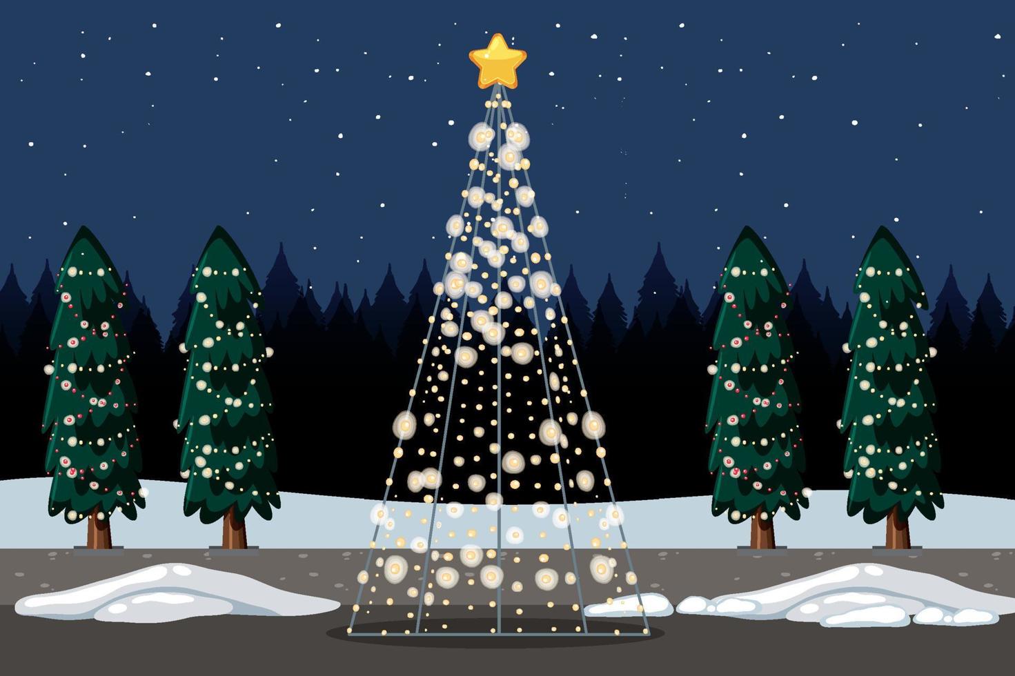 lichte kerstboom met pijnbomen bij nachtscène vector