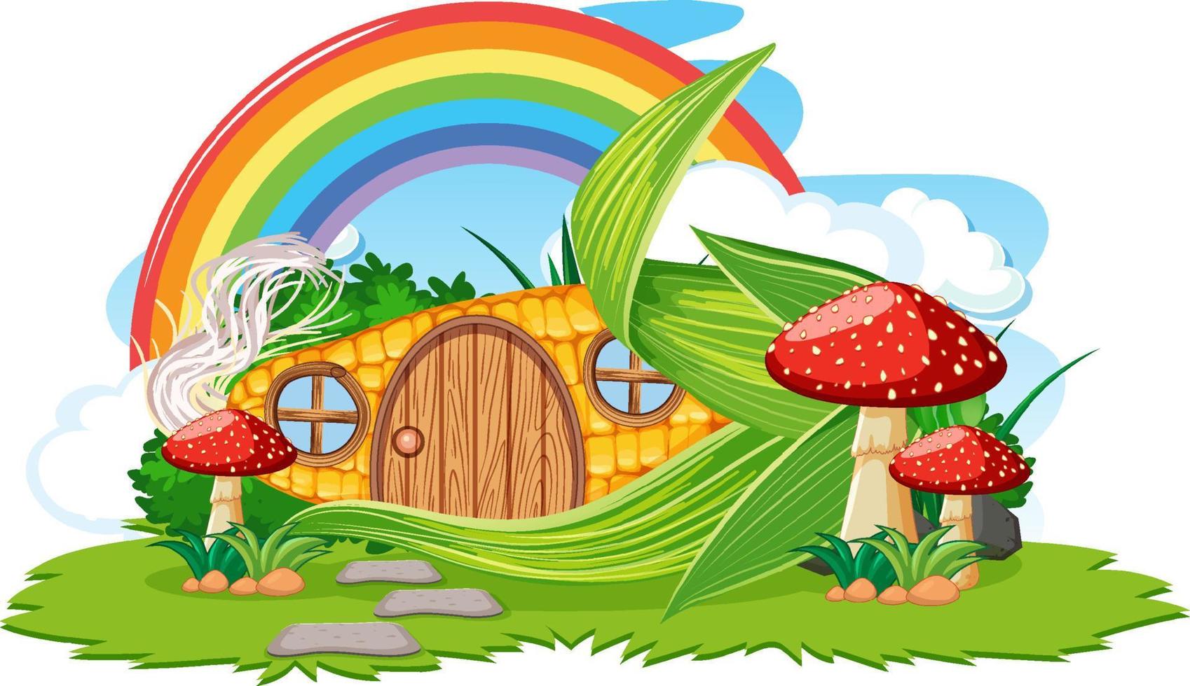 fantasie maïshuis met regenboog in de lucht vector