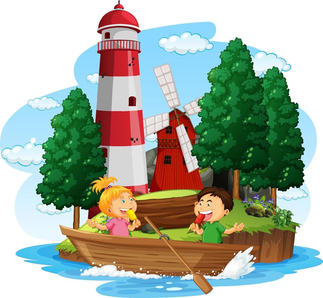 vuurtoren op het eiland met kinderen op houten boot vector