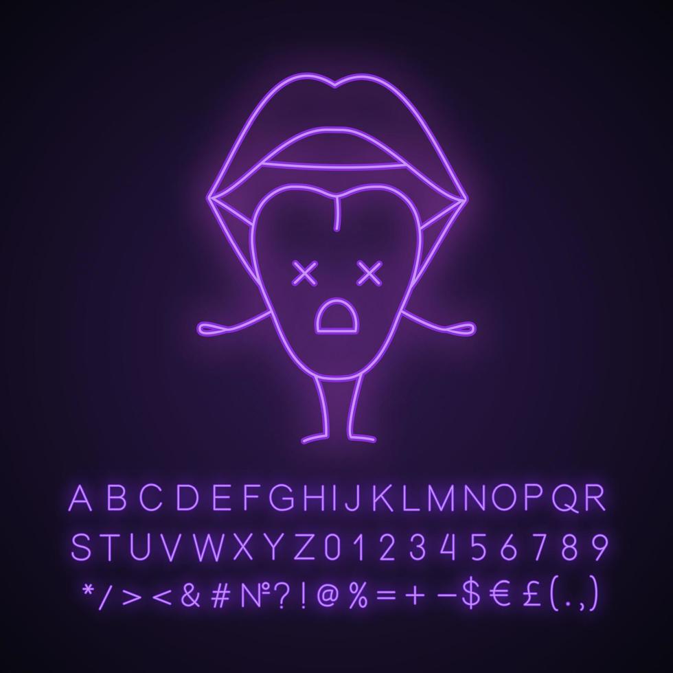 droevige tong karakter neon licht icoon. open vrouwelijke mond. ongezonde mondholte. ongelukkige keelemoji. gloeiend bord met alfabet, cijfers en symbolen. vector geïsoleerde illustratie