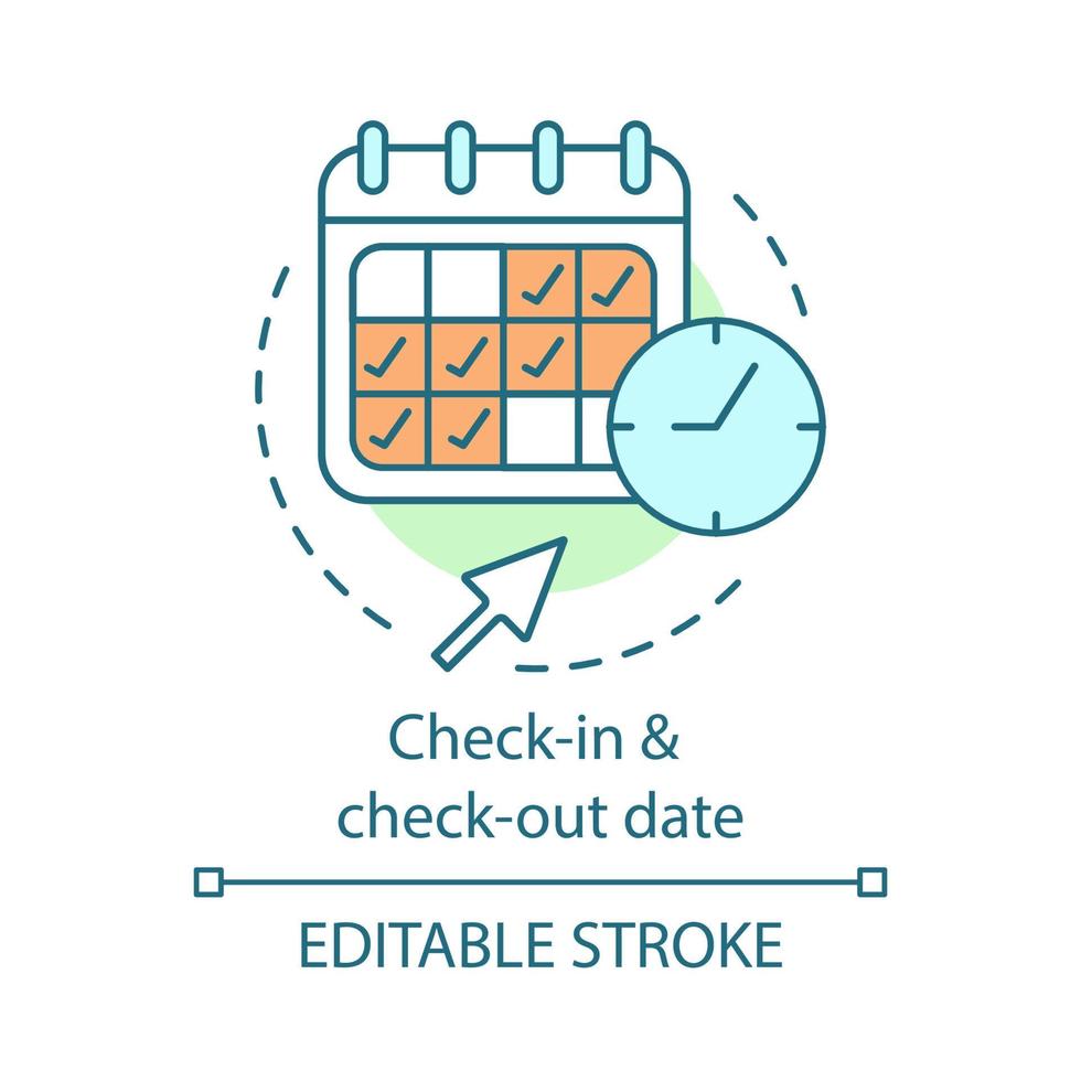 in- en uitcheckdatum concept icoon. tijdsbeheer. dienstregeling, dienstregeling. boeking kalender. reisplanning idee dunne lijn illustratie. vector geïsoleerde overzichtstekening. bewerkbare streek