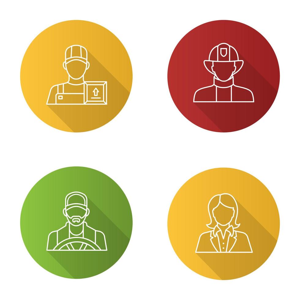 beroepen vlakke lineaire lange schaduw iconen set. beroepen. brandweerman, lader man, secretaresse, kantoormedewerker, chauffeur. vector overzicht illustratie