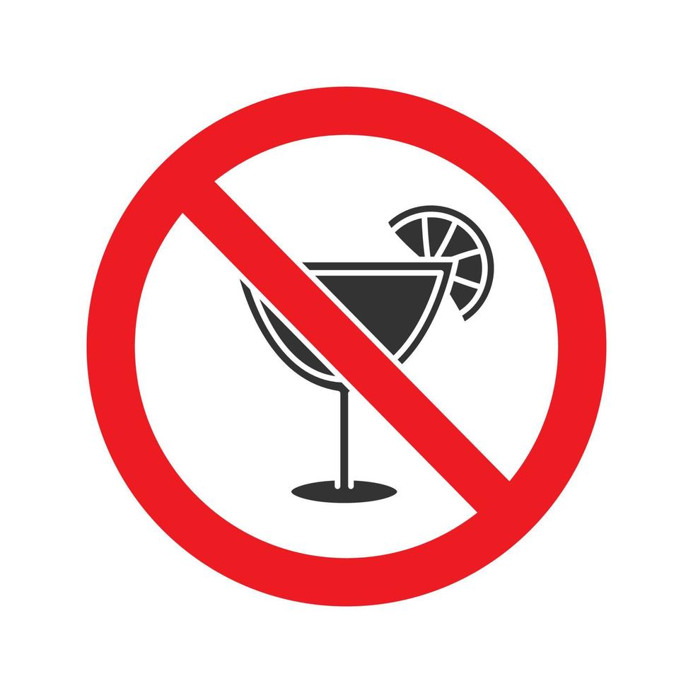 verboden bord met cocktail glyph icoon. stop silhouet symbool. geen alcoholverbod. negatieve ruimte. vector geïsoleerde illustratie