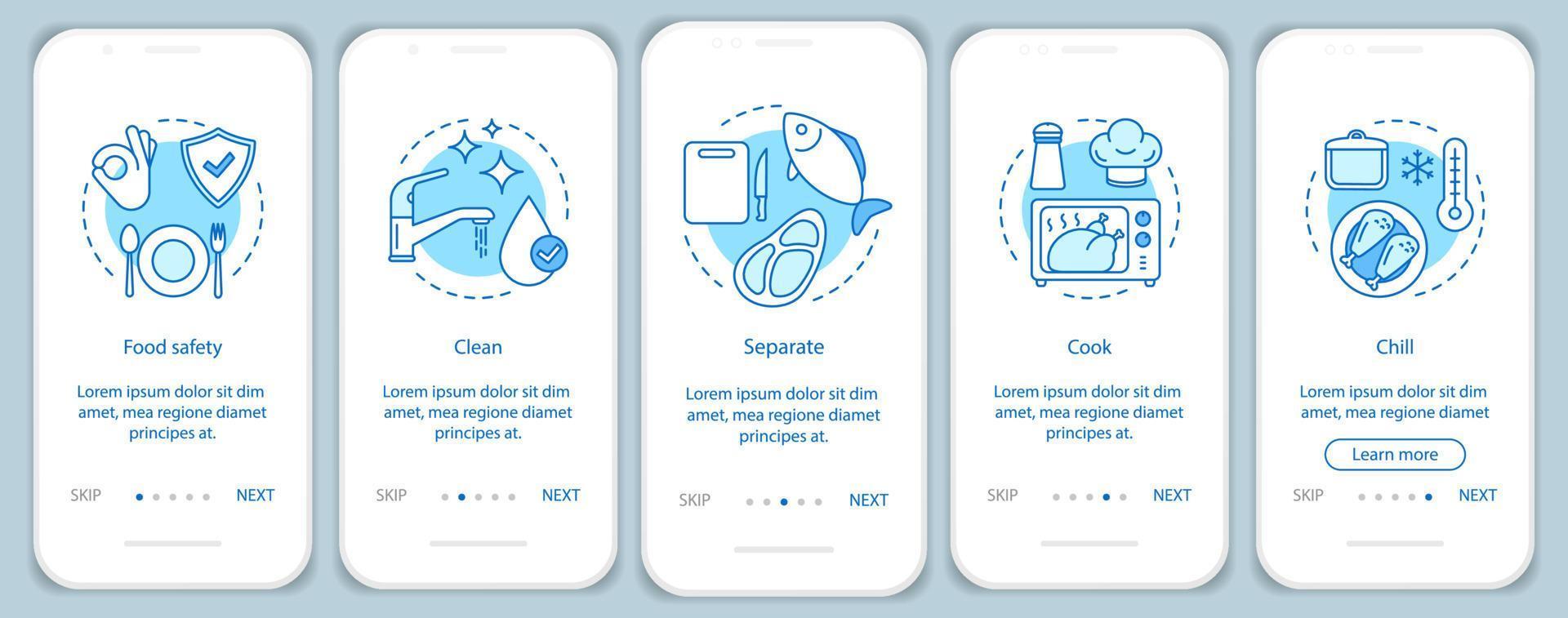 voedselveiligheid, hygiëne onboarding mobiele app-paginaschermsjabloon. voedselverwerking, behandeling, opslag. schoonmaken, scheiden, koken, chillen. doorloop website stappen. ux, ui, gui smartphone-interfaceconcept vector