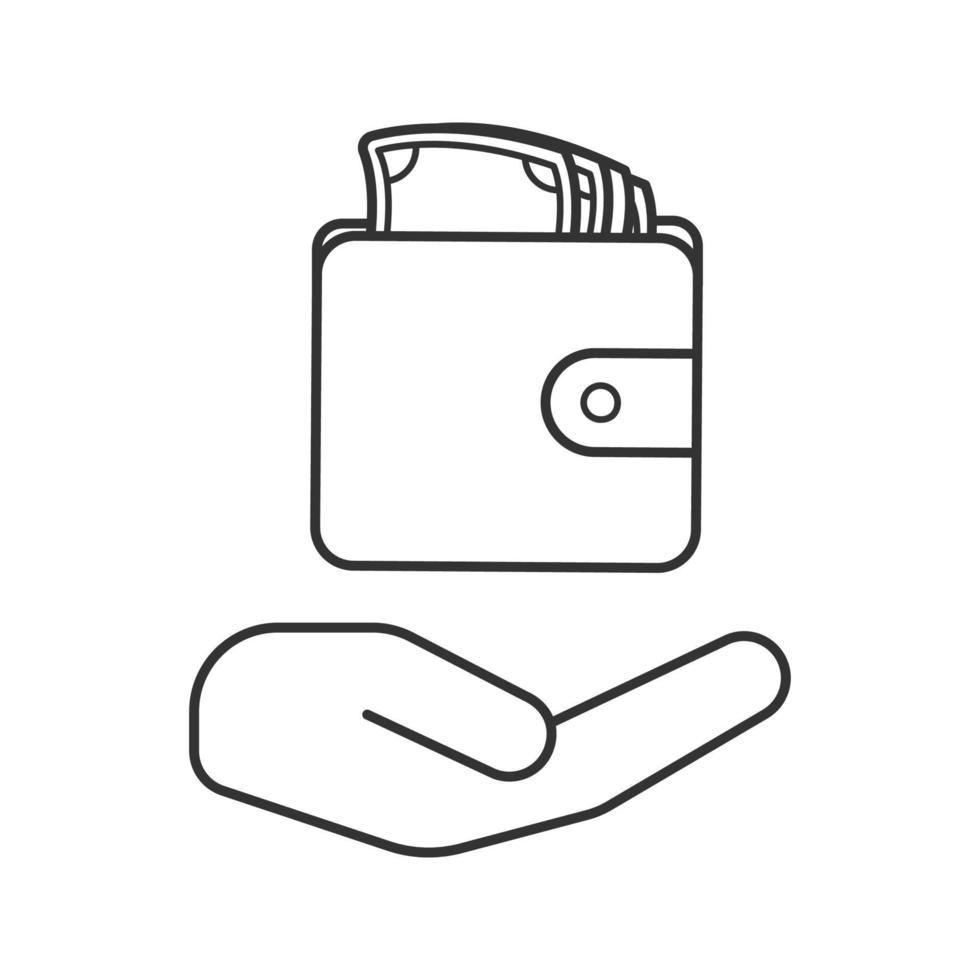 open hand met portemonnee en geld lineair pictogram. Cash lening. dunne lijn illustratie. geld besparend. contour symbool. vector geïsoleerde overzichtstekening