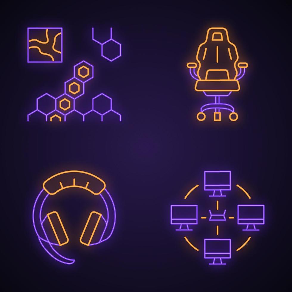 esports neonlicht pictogrammen instellen. realtime strategiespel. lokaal netwerk. spel apparaten. gloeiende borden. geïsoleerde vectorillustraties vector